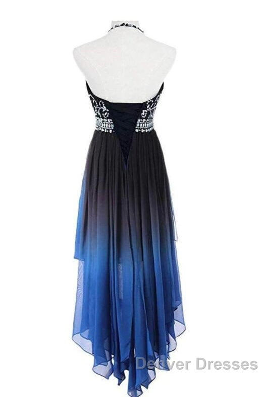 Beautiful Beaded High Low Chiffon Gradient Party Dress, Blue Homecoming Dress