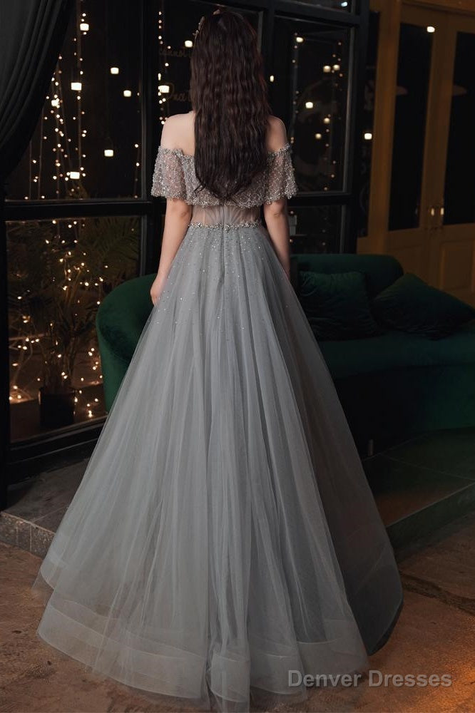 Beautiful Beaded Off Shoulder Tulle Prom Dress, A-Line Grey Evening Dress Party Dress Secondary image