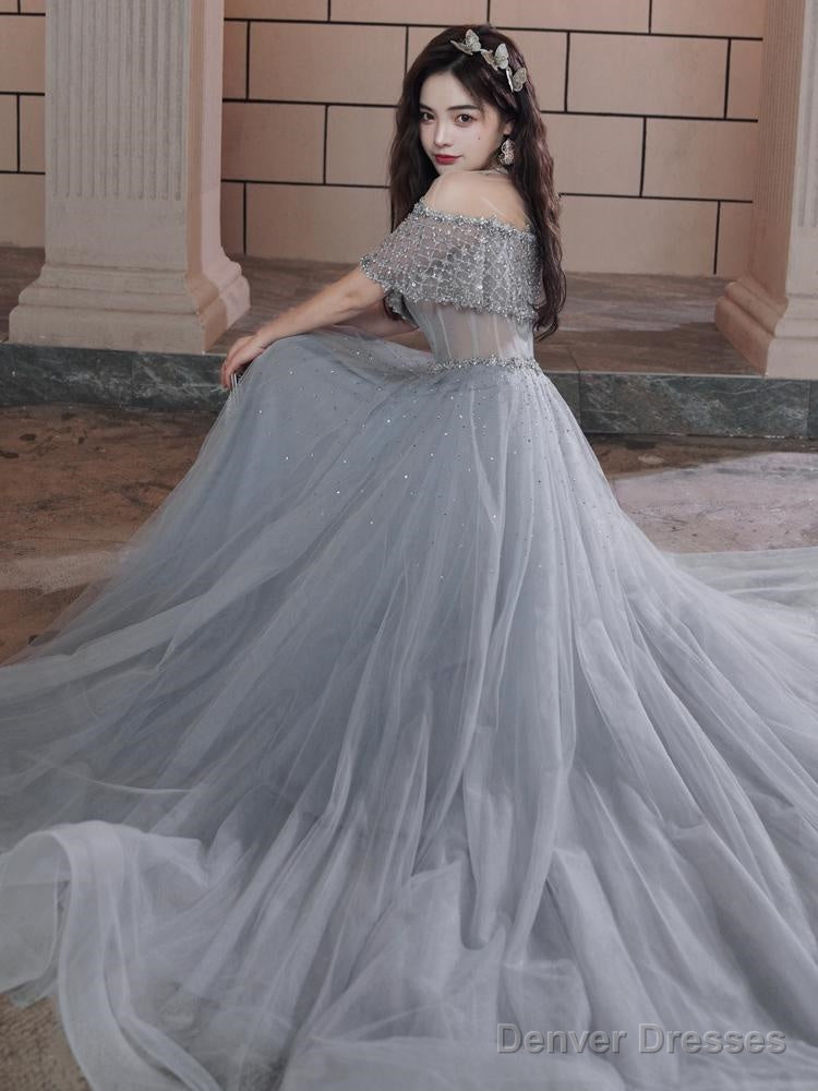 Beautiful Beaded Off Shoulder Tulle Prom Dress, A-Line Grey Evening Dress Party Dress Main image