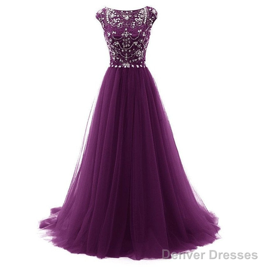 Beautiful Beaded Tulle Long Party Gown, Tulle Cap Sleeves Formal Dresses Secondary image