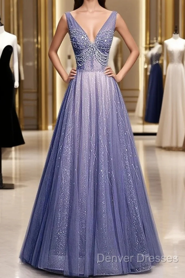 Beautiful Beaded V-Neckline Long Floor Length, A-Line Formal Gown Main image