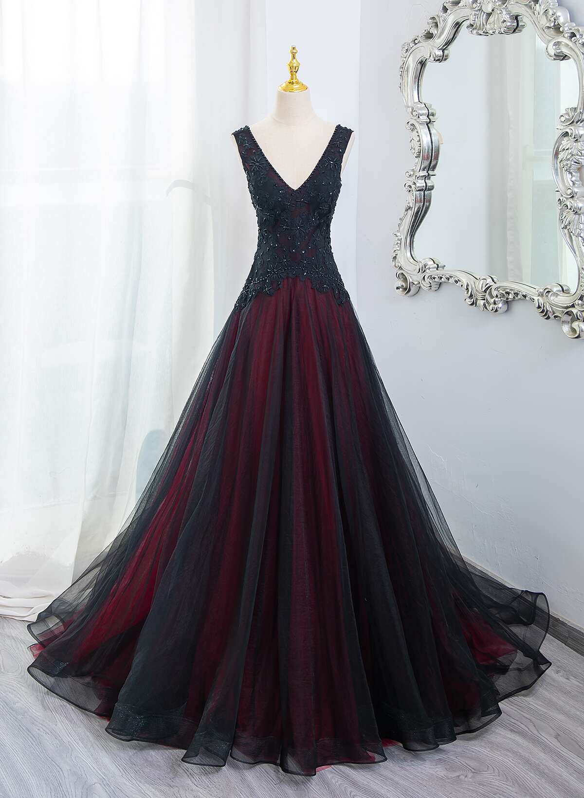 Beautiful Black And Red V-Neckline Tulle Beaded Formal Dress, A-Line Prom Dress Secondary image