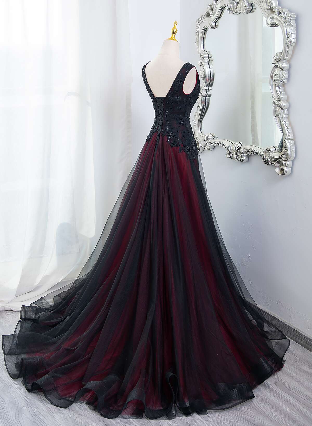 Beautiful Black And Red V-Neckline Tulle Beaded Formal Dress, A-Line Prom Dress