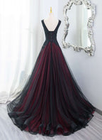 Beautiful Black And Red V-Neckline Tulle Beaded Formal Dress, A-Line Prom Dress