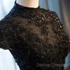 Beautiful Black Cap Sleeves Long Tulle Party Dress, Black Prom Dress