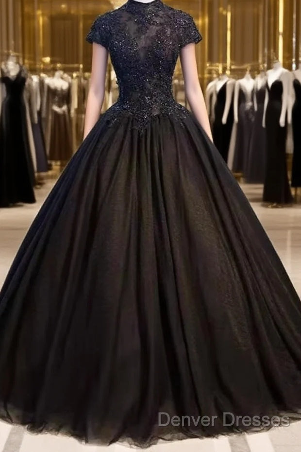 Beautiful Black Cap Sleeves Long Tulle Party Dress, Black Prom Dress Main image