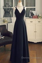 Beautiful Black Chiffon Straps Long A-Line Junior Prom Dress, Black Party Gowns