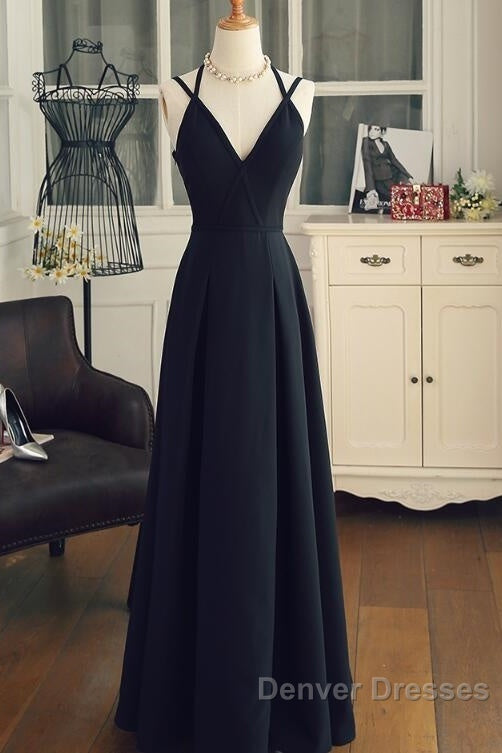 Beautiful Black Chiffon Straps Long A-Line Junior Prom Dress, Black Party Gowns