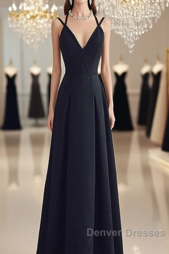 Beautiful Black Chiffon Straps Long A-Line Junior Prom Dress, Black Party Gowns Main image