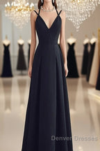 Beautiful Black Chiffon Straps Long A-Line Junior Prom Dress, Black Party Gowns
