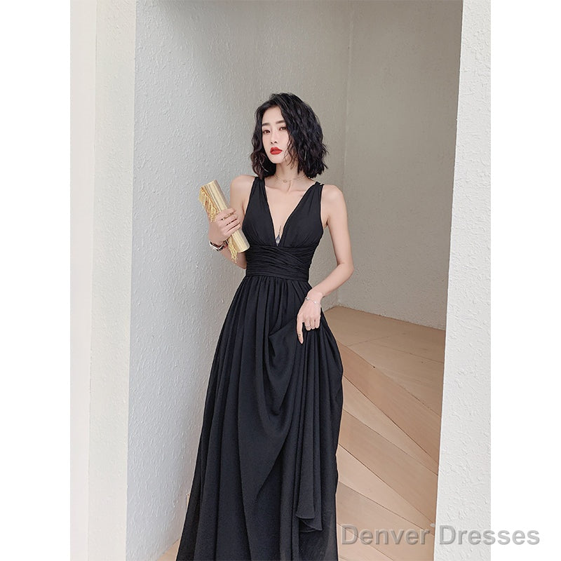 Beautiful Black Chiffon V-Neckline Long Party Dress, Black Cross Back Prom Dresses Secondary image