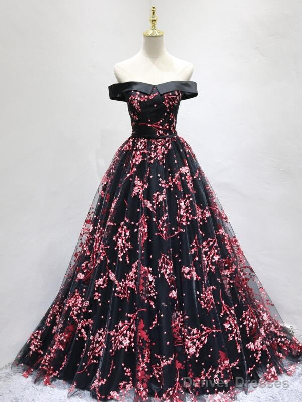 Beautiful Black Long Floral Lace Party Dress, Off Shoulder Prom Dress Main image