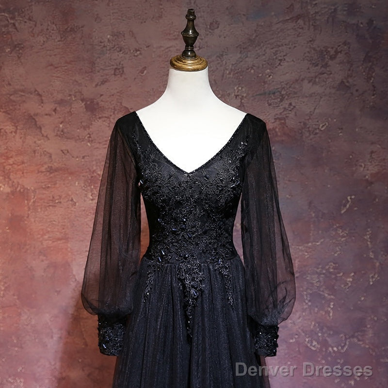 Beautiful Black Long Sleeves V-Neckline Evening Dress, Black Prom Dress Secondary image