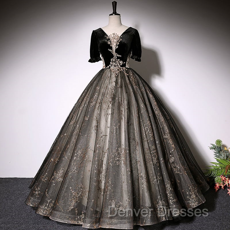 Beautiful Black Tulle Short Sleeves Long Party Dress Black Short Sleeves Prom Dress prom Dress shops