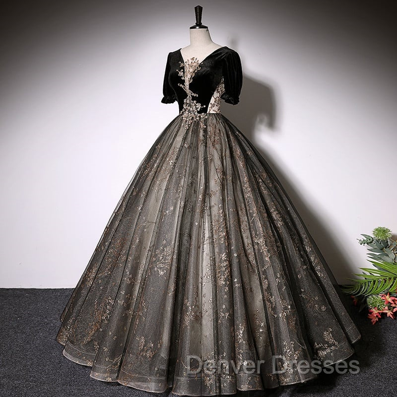 Beautiful Black Tulle Short Sleeves Long Party Dress Black Short Sleeves Prom Dress prom Dress shops