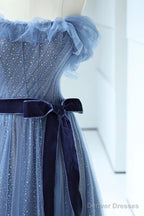 Beautiful Blue Floor Length Prom Dress, A-Line Strapless Tulle Evening Dress