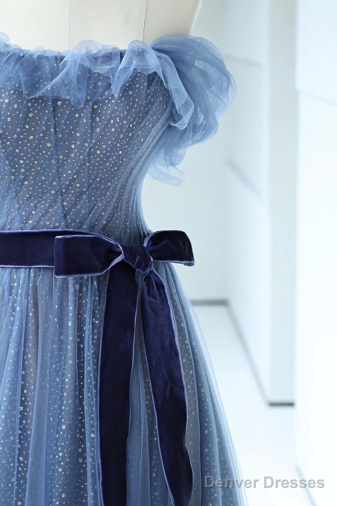 Beautiful Blue Floor Length Prom Dress, A-Line Strapless Tulle Evening Dress