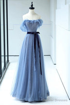 Beautiful Blue Floor Length Prom Dress, A-Line Strapless Tulle Evening Dress