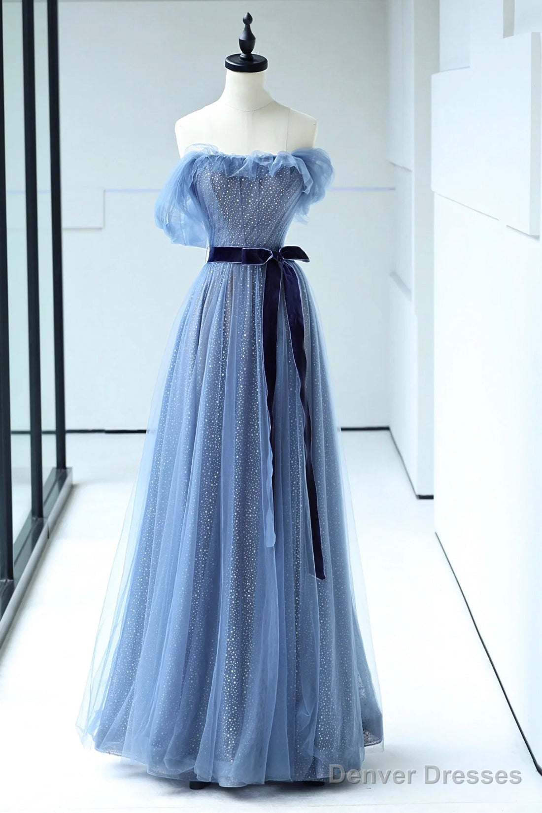 Beautiful Blue Floor Length Prom Dress, A-Line Strapless Tulle Evening Dress