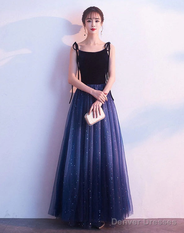 Beautiful Blue Gradient Tulle And Velvet Long Straps Prom Dress, Blue Evening Dresses