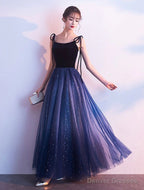 Beautiful Blue Gradient Tulle And Velvet Long Straps Prom Dress, Blue Evening Dresses