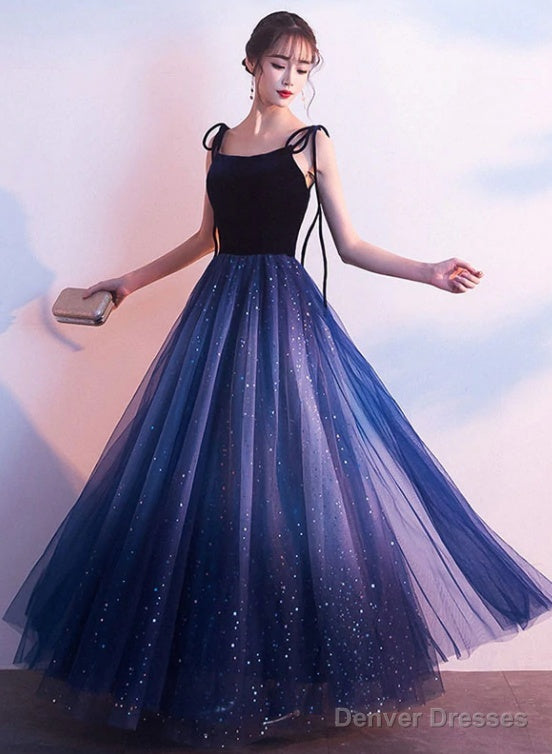 Beautiful Blue Gradient Tulle And Velvet Long Straps Prom Dress, Blue Evening Dresses Main image