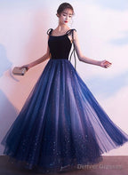 Beautiful Blue Gradient Tulle And Velvet Long Straps Prom Dress, Blue Evening Dresses