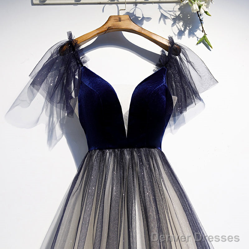 Beautiful Blue Gradient Tulle Short Sleeves Party Dresses, Blue Evening Dress Prom Dresses