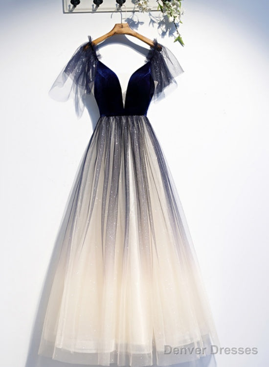 Beautiful Blue Gradient Tulle Short Sleeves Party Dresses, Blue Evening Dress Prom Dresses Main image