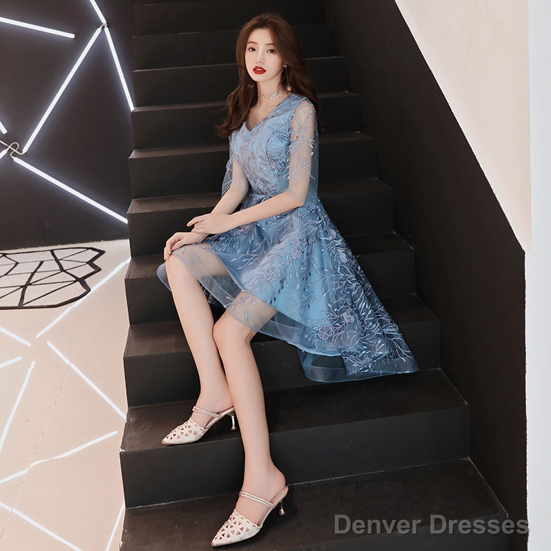 Beautiful Blue High Low Party Dress Homecoming Dress, Blue Lace Prom Dress Secondary image