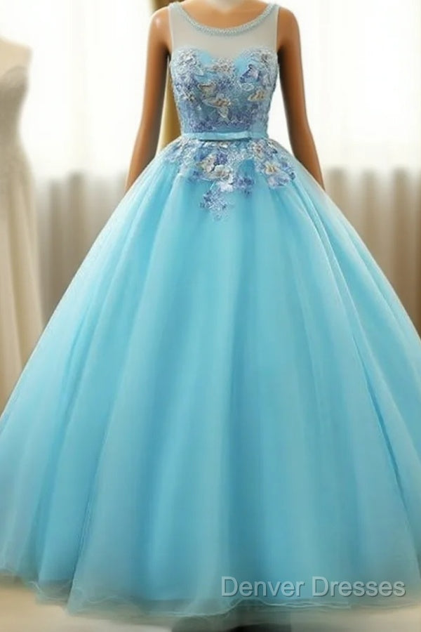 Beautiful Blue Round Long Party Dress,Ball Gown Lace Applique Sweet 16 Dress Main image