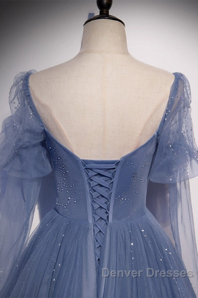 Beautiful Blue Sheer Beaded Long Party Dress, A-Shaped Long Sleeved Backless And Floor Length Evening Dress Secondary image