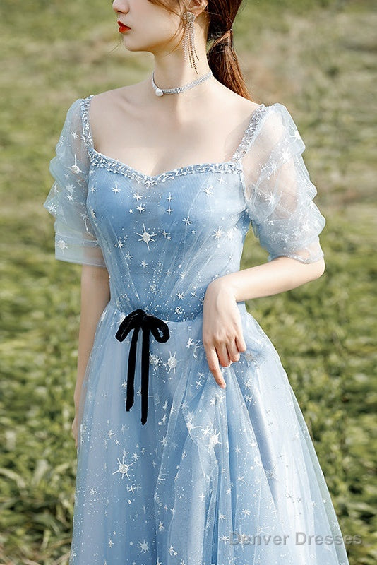 Beautiful Blue Short Sleeves A-Line Beaded Tulle Party Dress Prom Dresses, Blue Evening Dresses Secondary image