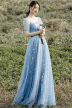 Beautiful Blue Short Sleeves A-Line Beaded Tulle Party Dress Prom Dresses, Blue Evening Dresses