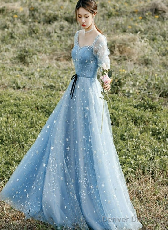 Beautiful Blue Short Sleeves A-Line Beaded Tulle Party Dress Prom Dresses, Blue Evening Dresses Main image