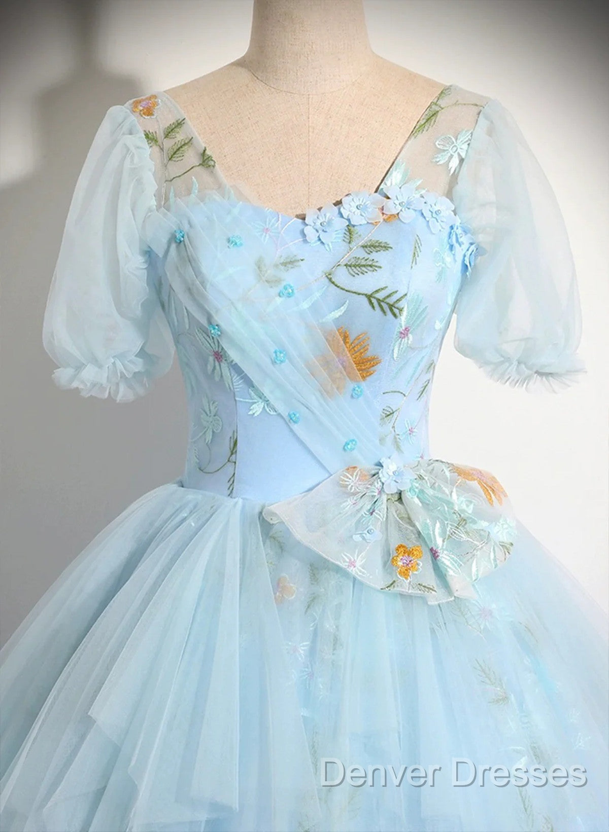 Beautiful Blue Tulle Short Sleeves Sweet 16 Dress With Bow, Blue Formal Gown Secondary image