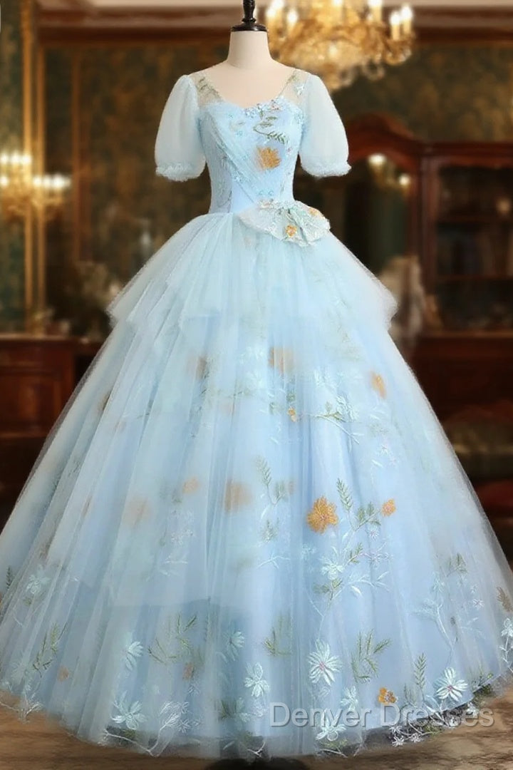 Beautiful Blue Tulle Short Sleeves Sweet 16 Dress With Bow, Blue Formal Gown Main image