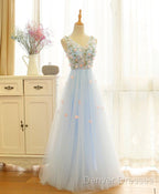 Beautiful Blue V-Neckline Floral Lace Tulle Party Dress, A-Line Blue Evening Dress Prom Dress