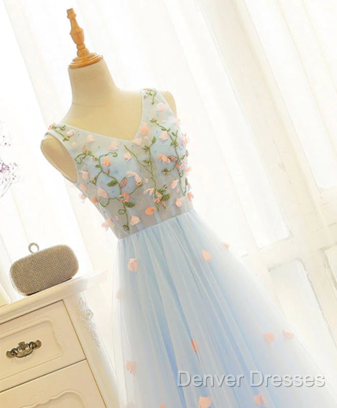 Beautiful Blue V-Neckline Floral Lace Tulle Party Dress, A-Line Blue Evening Dress Prom Dress