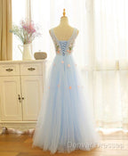 Beautiful Blue V-Neckline Floral Lace Tulle Party Dress, A-Line Blue Evening Dress Prom Dress