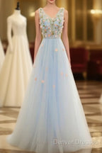 Beautiful Blue V-Neckline Floral Lace Tulle Party Dress, A-Line Blue Evening Dress Prom Dress