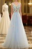 Beautiful Blue V-Neckline Floral Lace Tulle Party Dress, A-Line Blue Evening Dress Prom Dress