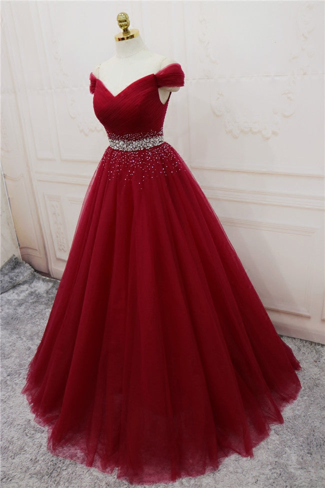 Beautiful Burgundy Long Tulle Off Shoulder Prom Dress , Junior Prom Dress