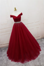 Beautiful Burgundy Long Tulle Off Shoulder Prom Dress , Junior Prom Dress