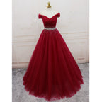 Beautiful Burgundy Long Tulle Off Shoulder Prom Dress , Junior Prom Dress