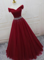 Beautiful Burgundy Long Tulle Off Shoulder Prom Dress , Junior Prom Dress