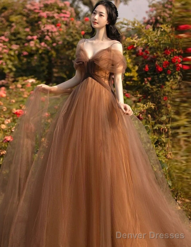 Beautiful Champagne Tulle Straps Long Formal Gown, Tulle Party Dresses Evening Dresses