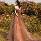 Beautiful Champagne Tulle Straps Long Formal Gown, Tulle Party Dresses Evening Dresses