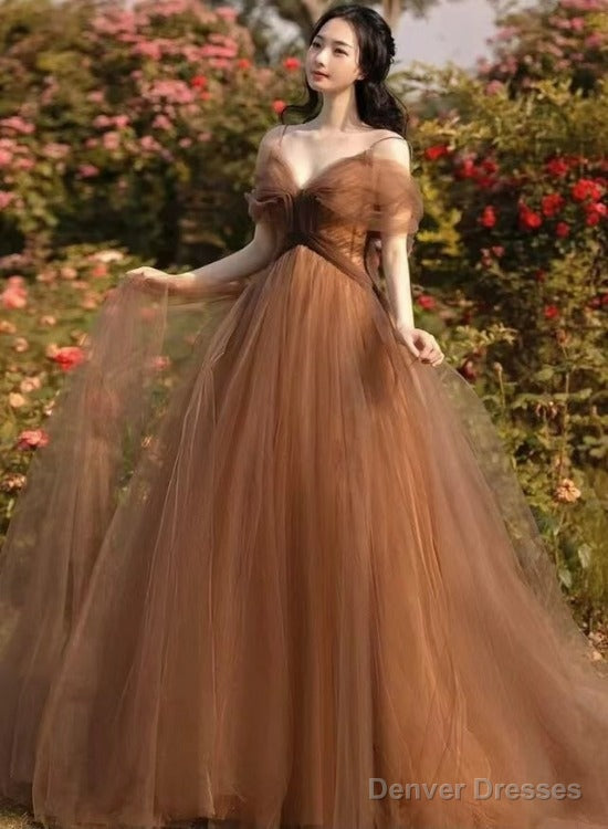 Beautiful Champagne Tulle Straps Long Formal Gown, Tulle Party Dresses Evening Dresses Main image