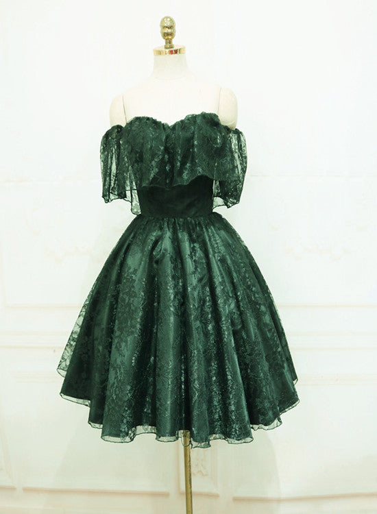 Beautiful Dark Green Lace Off Shoulder Short Party Dress, Lace Homecoming Dress Main image